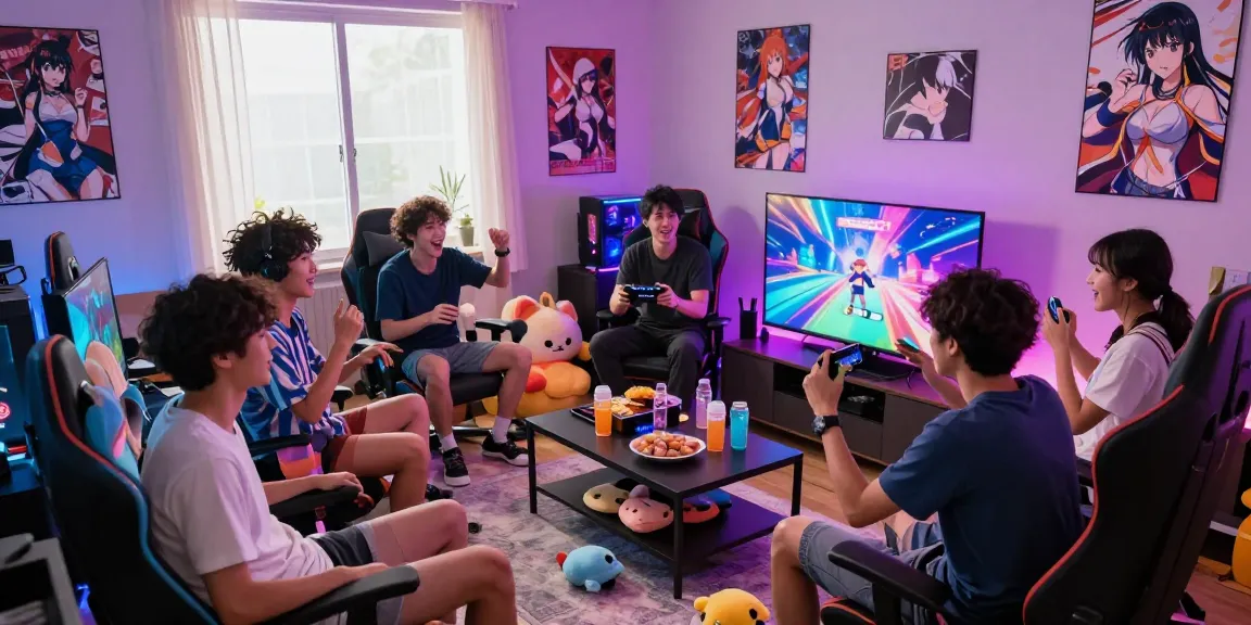 Engaging group enjoying a hentai game session in a cozy gaming den.