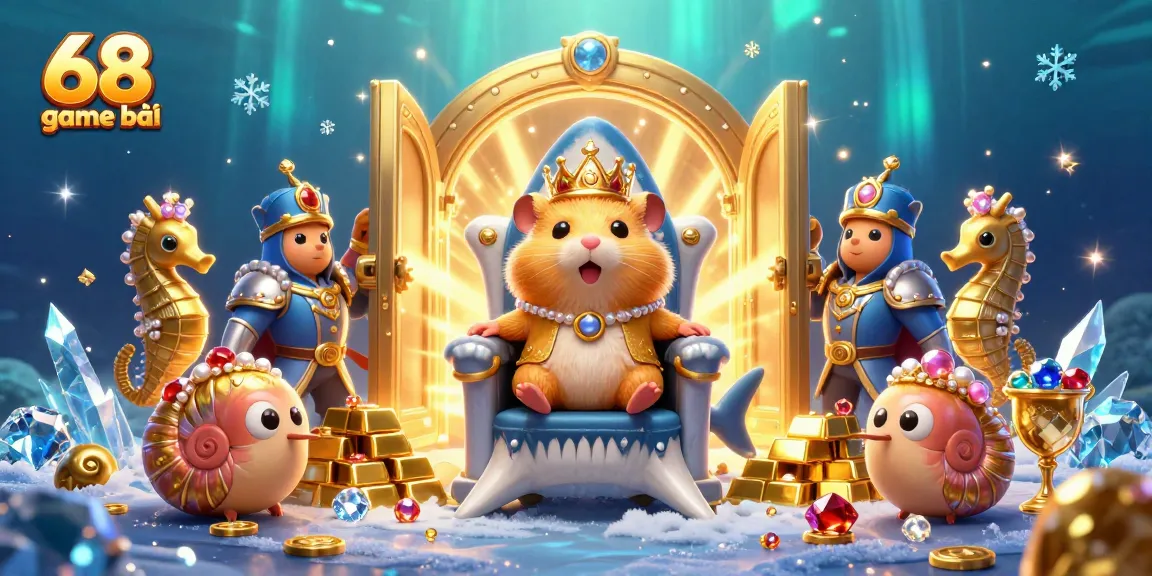 Engage with 68 game bài scene featuring a golden hamster king and royal seahorse guards amidst treasure.
