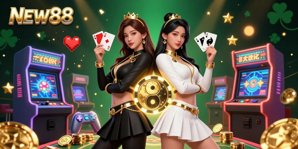 Engage with NEW88's dynamic casino world featuring Asian twin women, playing cards, and vibrant gaming elements.