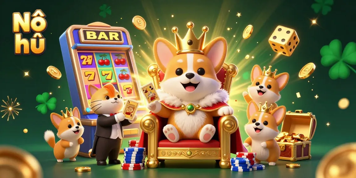Nổ hũ jackpot scene featuring a royal corgi, vibrant slot machine, and winning symbols.