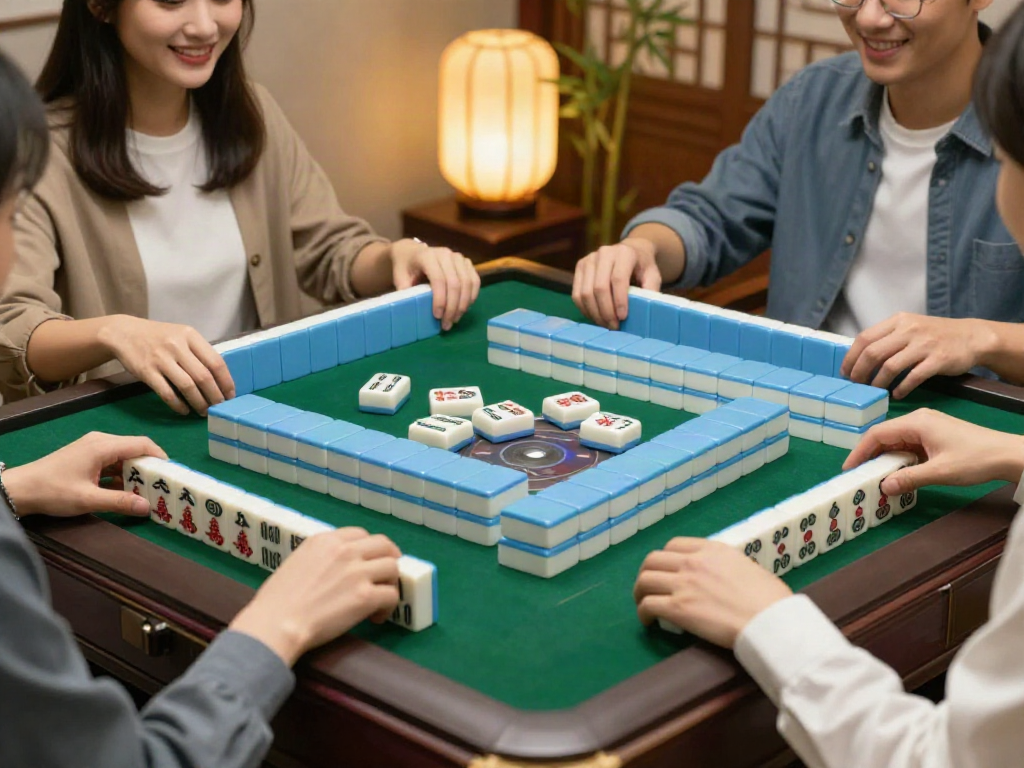 Permainan Mahjong Ways dengan teman-teman yang sedang bersemangat di meja, menunjukkan interaksi dan strategi.