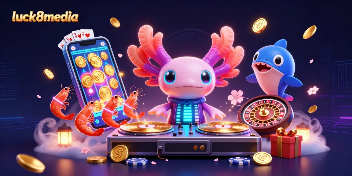 Experience luck8media's vibrant casino energy with a neon axolotl DJ and dynamic gaming elements.