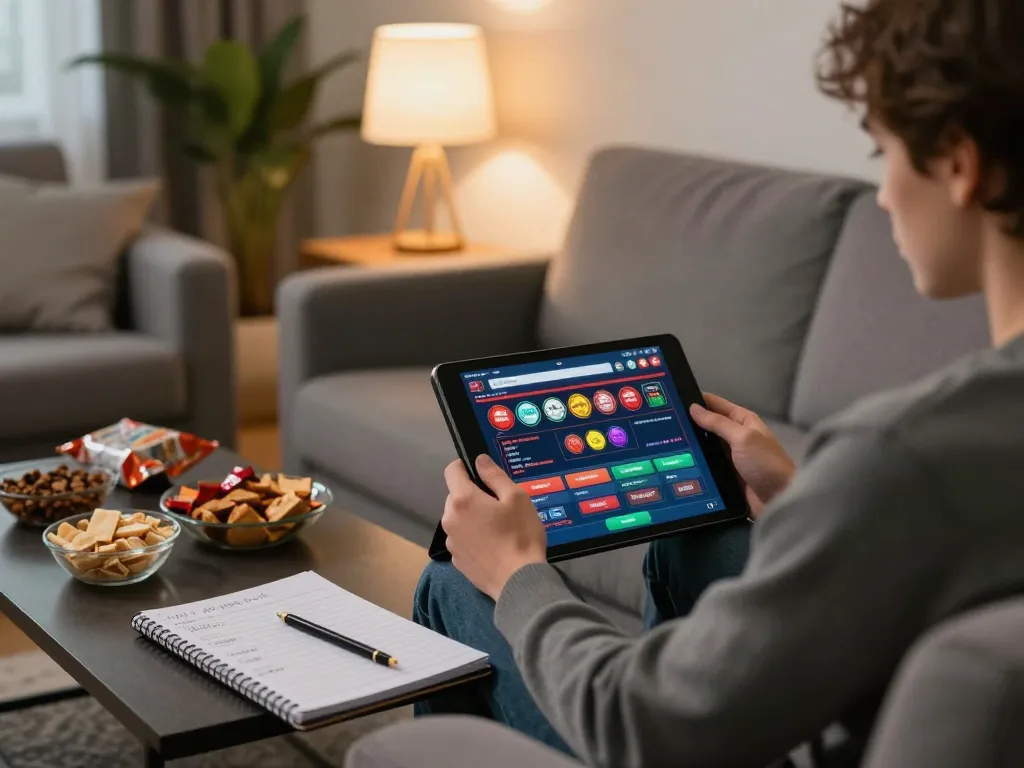 Engaging in gameplay on Canadian online casinos from a cozy home setup, showcasing strategy notes and snacks