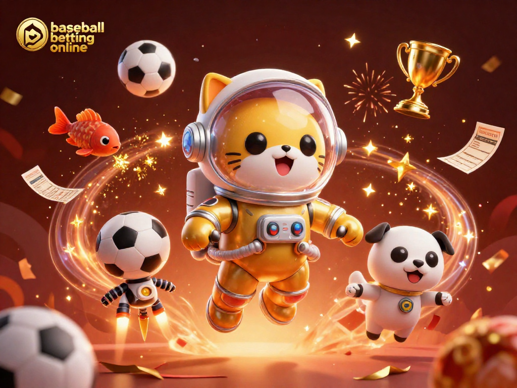 Experience thrilling baseball betting online with a colorful 3D illustration of space characters and sports elements.