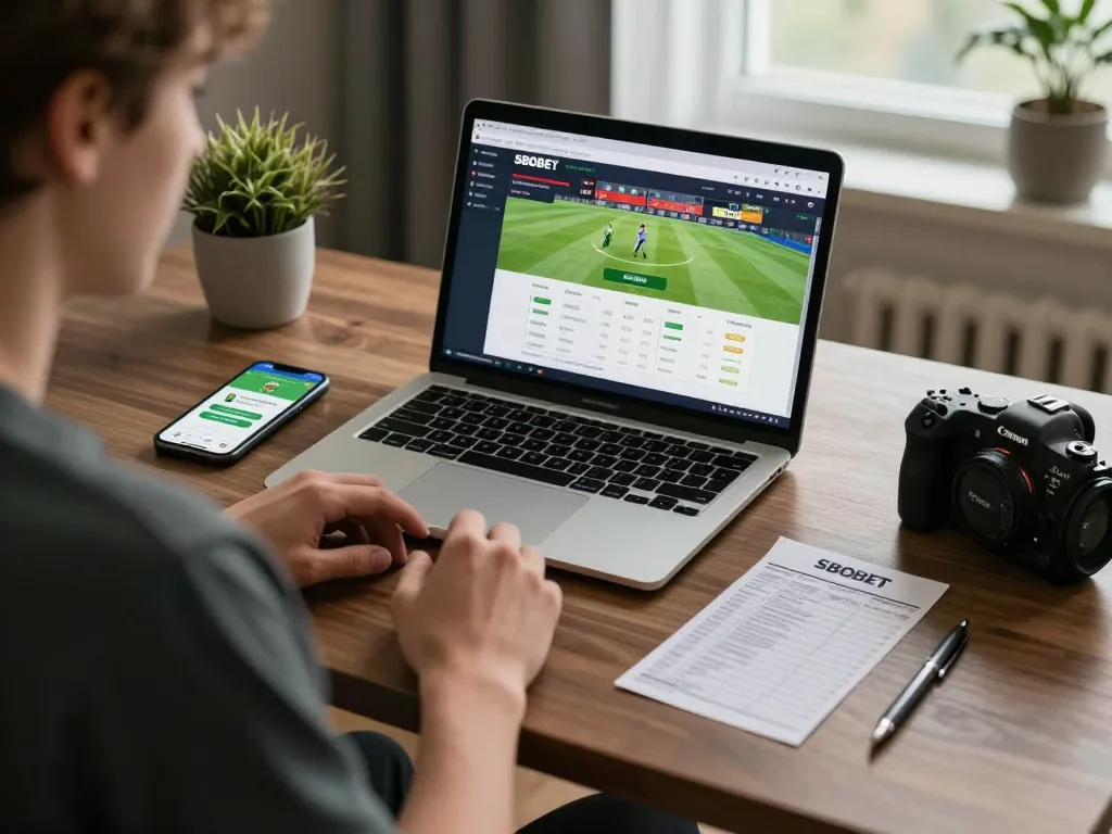 Terlibat dalam taruhan online menggunakan sbobet103 di setup meja yang bergaya dengan antarmuka taruhan olahraga yang ditampilkan.
