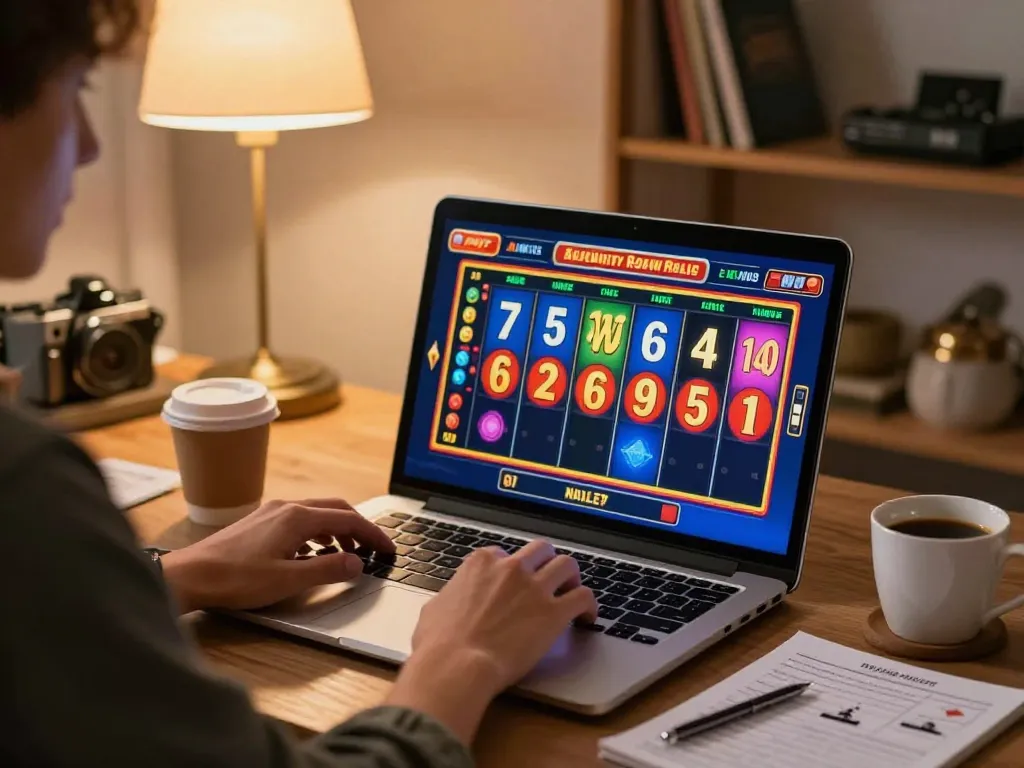 Engaging online slot game experience at situs gacor with colorful reels shining on laptop.