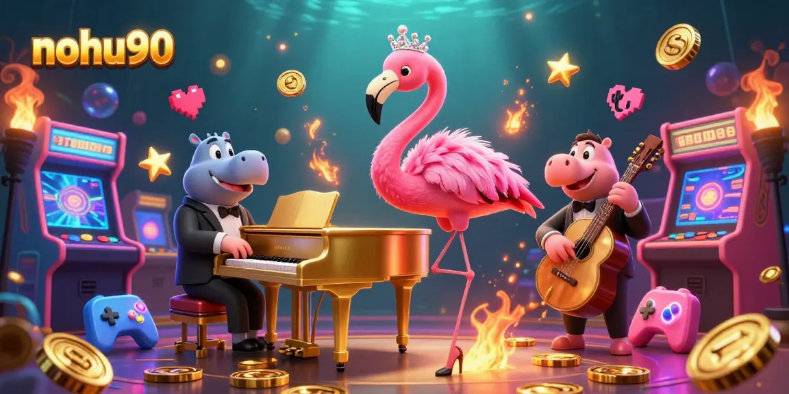 Nohu90 ignites excitement with a vibrant 3D casino scene featuring dynamic characters and playful game elements.