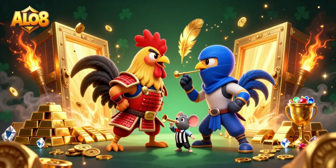 Increase your chances of winning with ALO8, featuring fierce roosters in combat amidst treasure