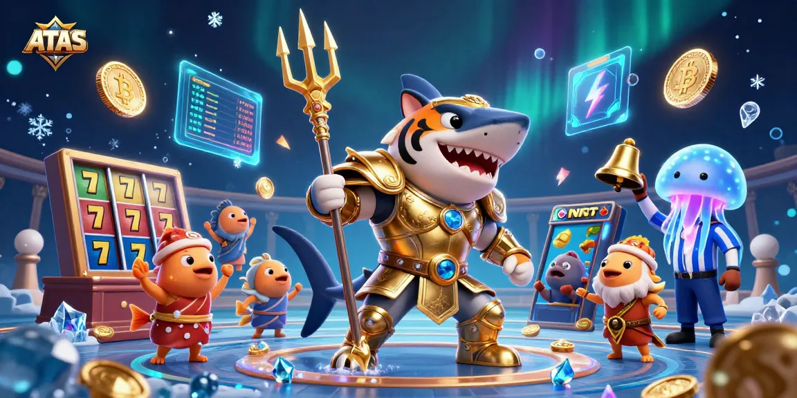 Experience thrilling slots at ATAS with a colorful underwater scene featuring a gladiator shark and crypto elements.