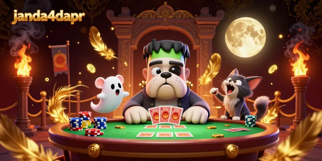 Menggoda pemain janda4dapr dengan bulldog Frankenstein dan kitten werewolf di meja judi yang berhantu.