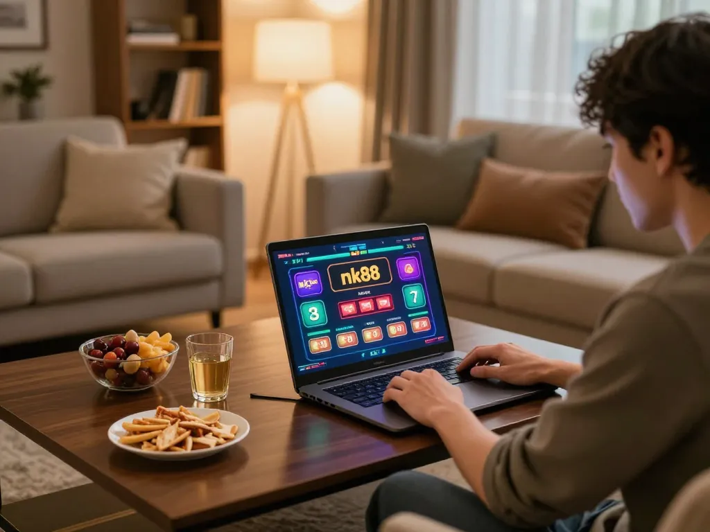 Player engaging with nk88 online gaming interface in a cozy home setting, emphasizing responsible gambling
