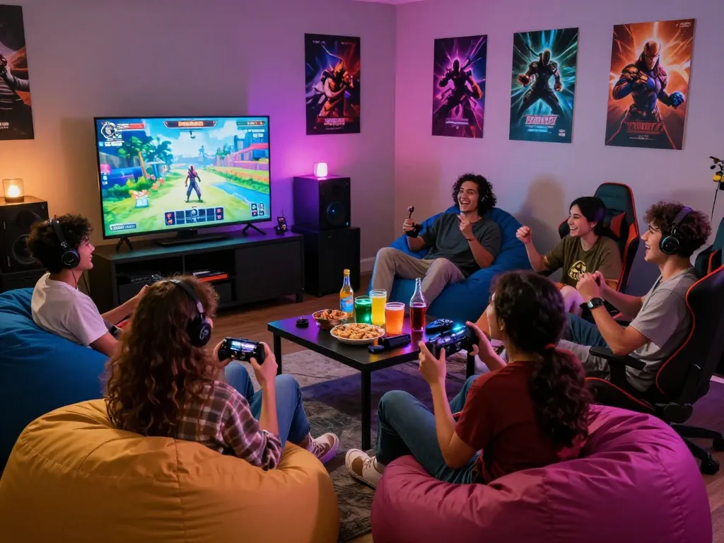 Engaging scene of friends enjoying an adult game in a lively lounge, showcasing interactive fun and camaraderie.