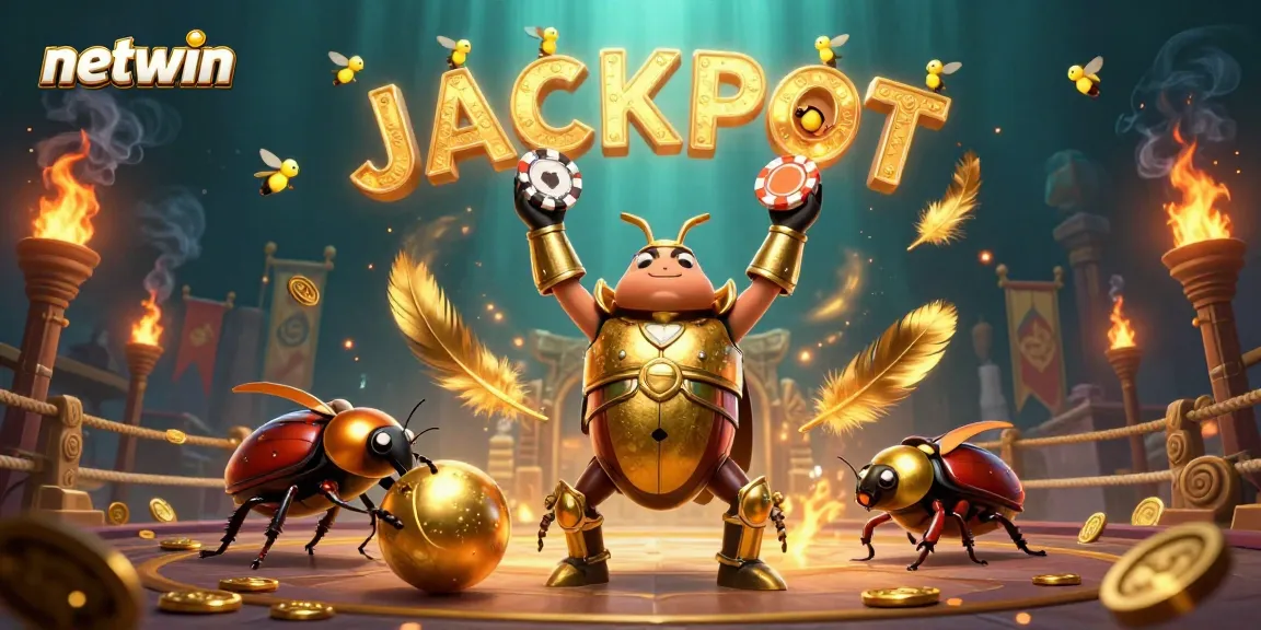 Netwin platform's victorious beetle character lifting a poker chip highlights exhilarating wins.