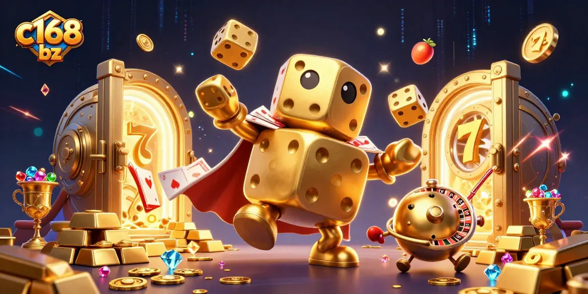 Engage with gaming excitement at c168 bz, featuring animated golden dice and vibrant casino elements.