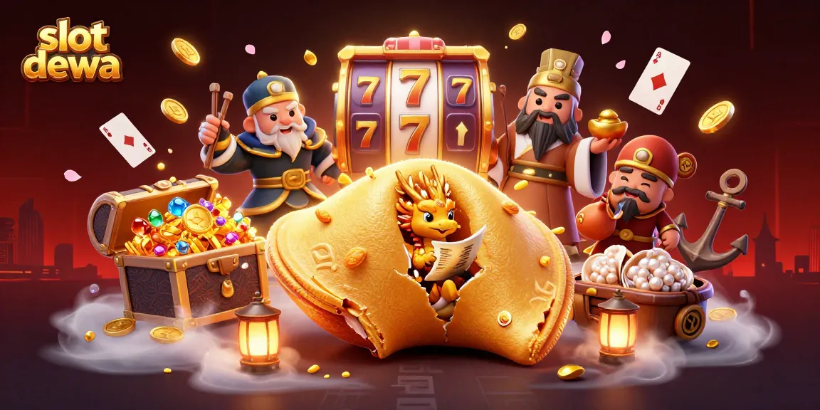 Menggali jackpot di slot dewa dengan ilustrasi kotak keberuntungan emas yang menampilkan naga bijaksana dan elemen permainan slot yang dinamis.