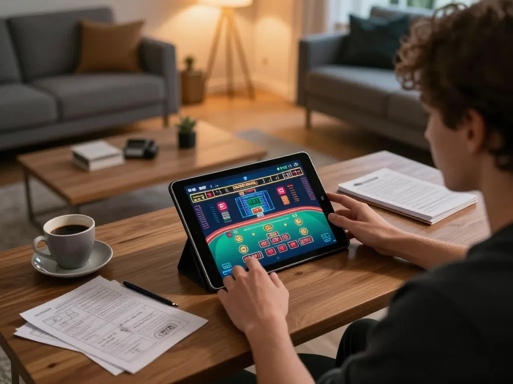 Player enjoying casinos not on Gamstop on tablet at cozy home setup with strategy notes