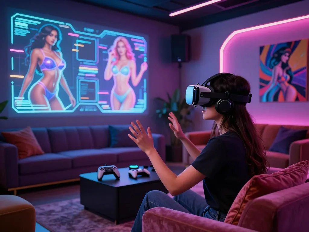 Immersive NSFW AI interaction in a futuristic lounge setting