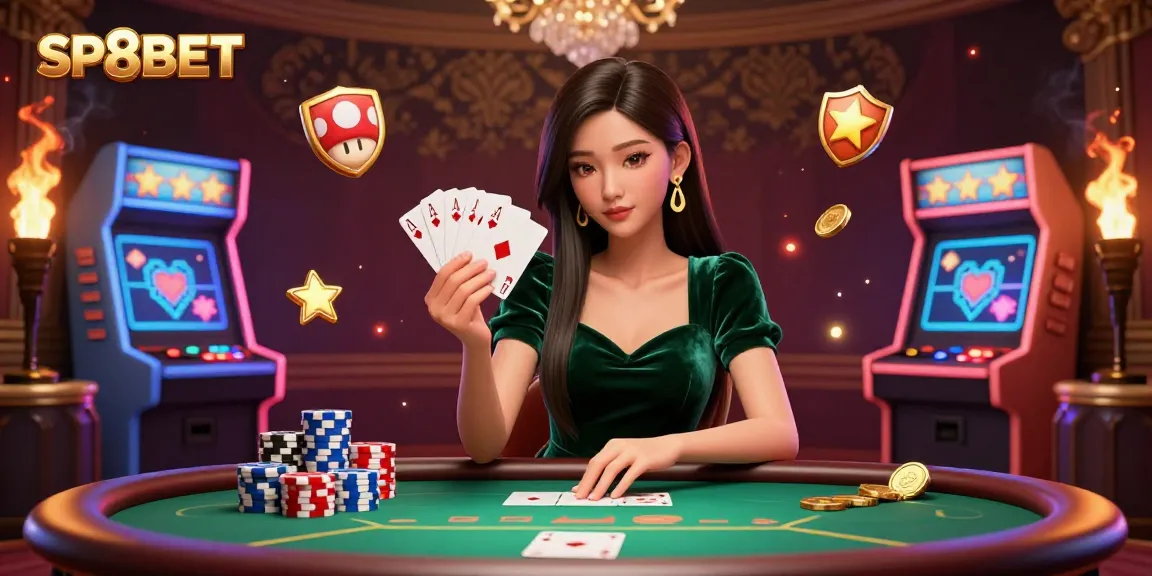 Engage with SP8BET's thrilling poker scene, showcasing strategic gameplay and vibrant casino elements.