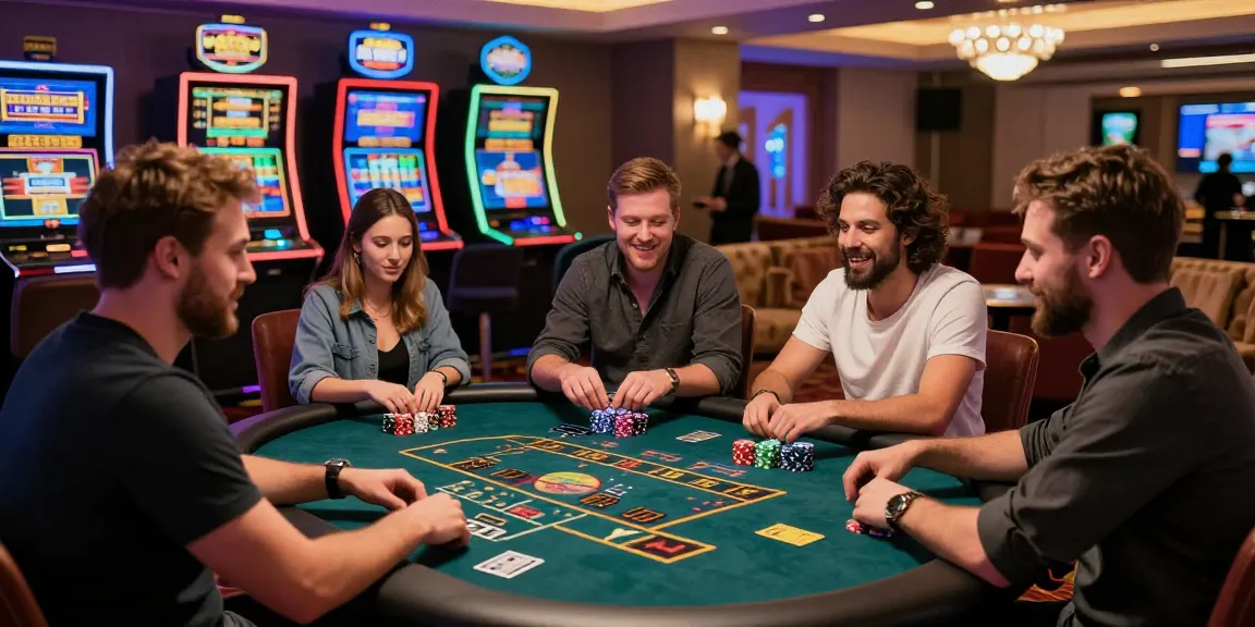 Players enjoying a vibrant credit card casino experience at https://dea.org.uk, with lively atmosphere, gaming tables, and glowing slot machines.