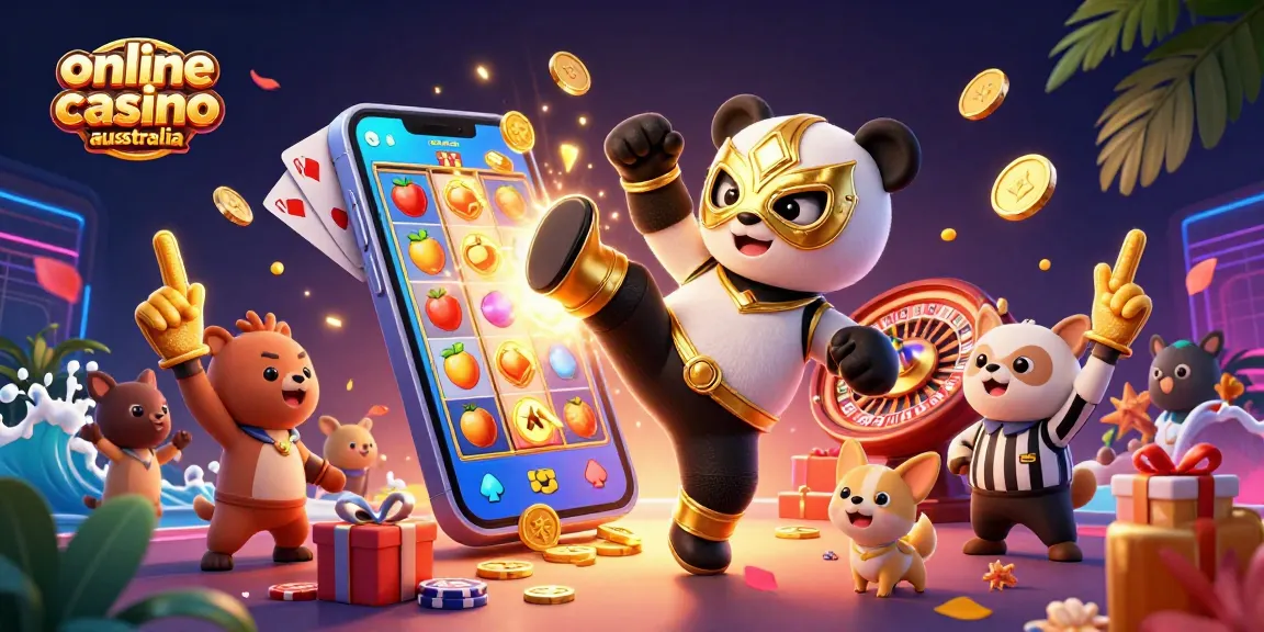 Engage with online casino Australia featuring an exciting 3D wrestling panda amidst lively slot game elements.