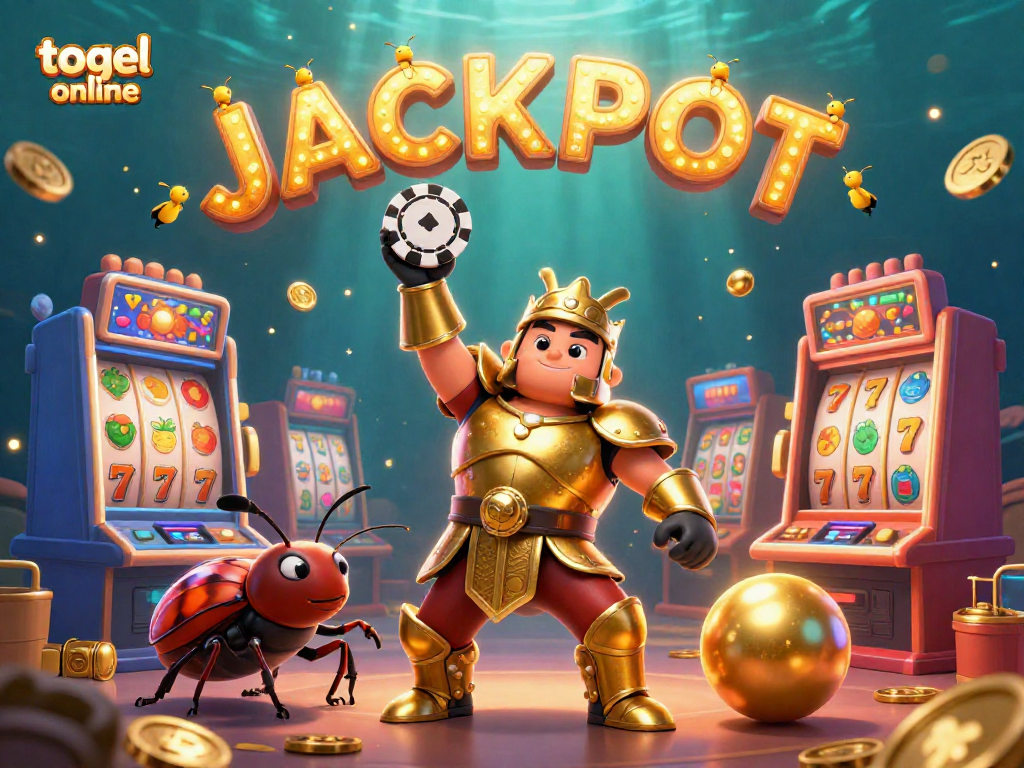 Win big with togel online in a vibrant casino-themed illustration featuring playful characters.