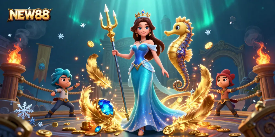 Experience thrilling gaming at NEW88 with a stunning underwater illustration showcasing dynamic casino elements.
