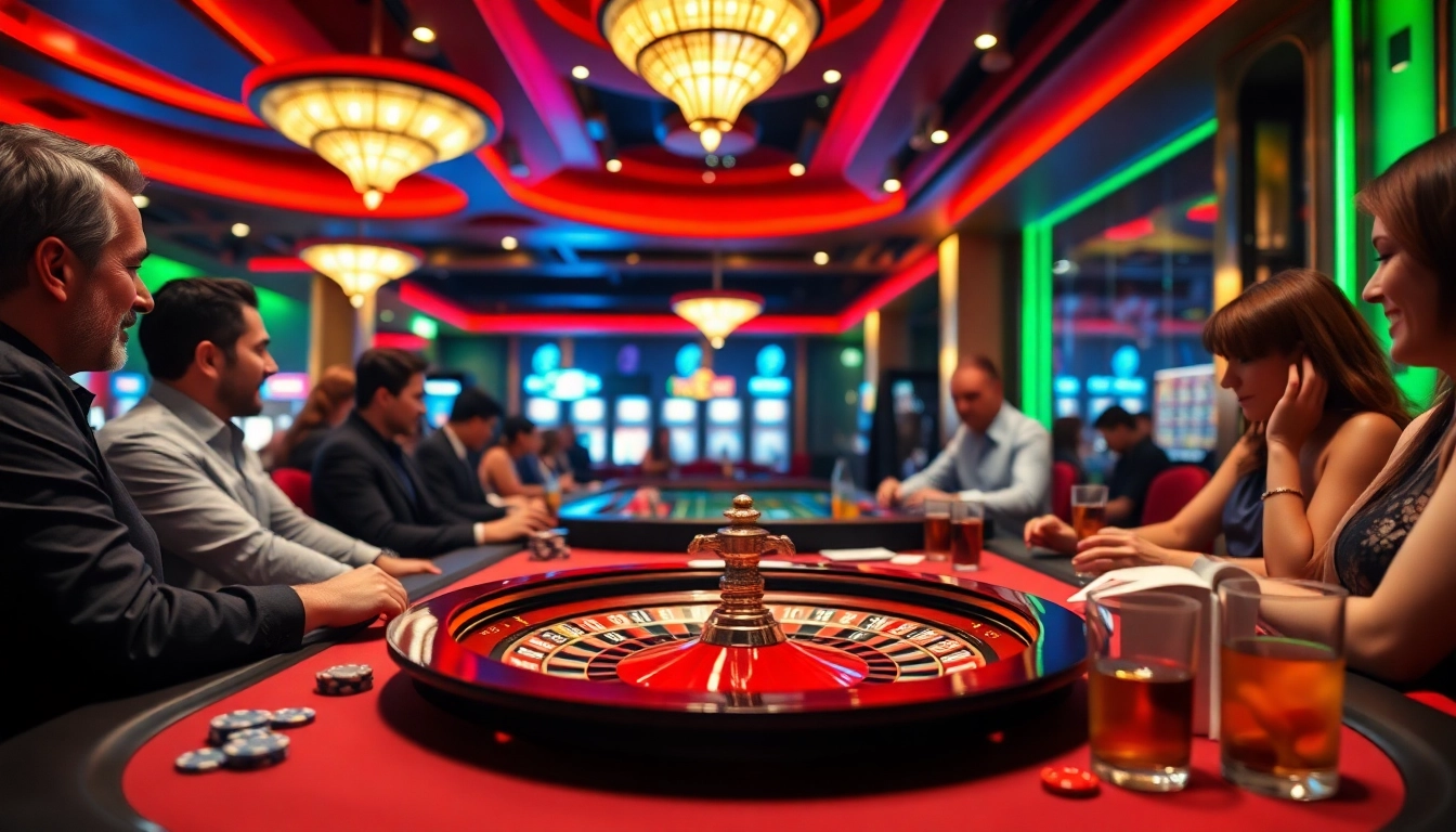 Spieler am Casinotisch bei casinospielen.de nutzen Chips und Karten in einem lebhaften Casino.
