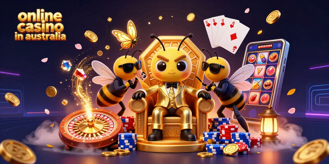 Engaging scene depicting online casino in Australia with a bumblebee mob boss, wasp bodyguards, and a butterfly informant amidst vibrant casino elements.