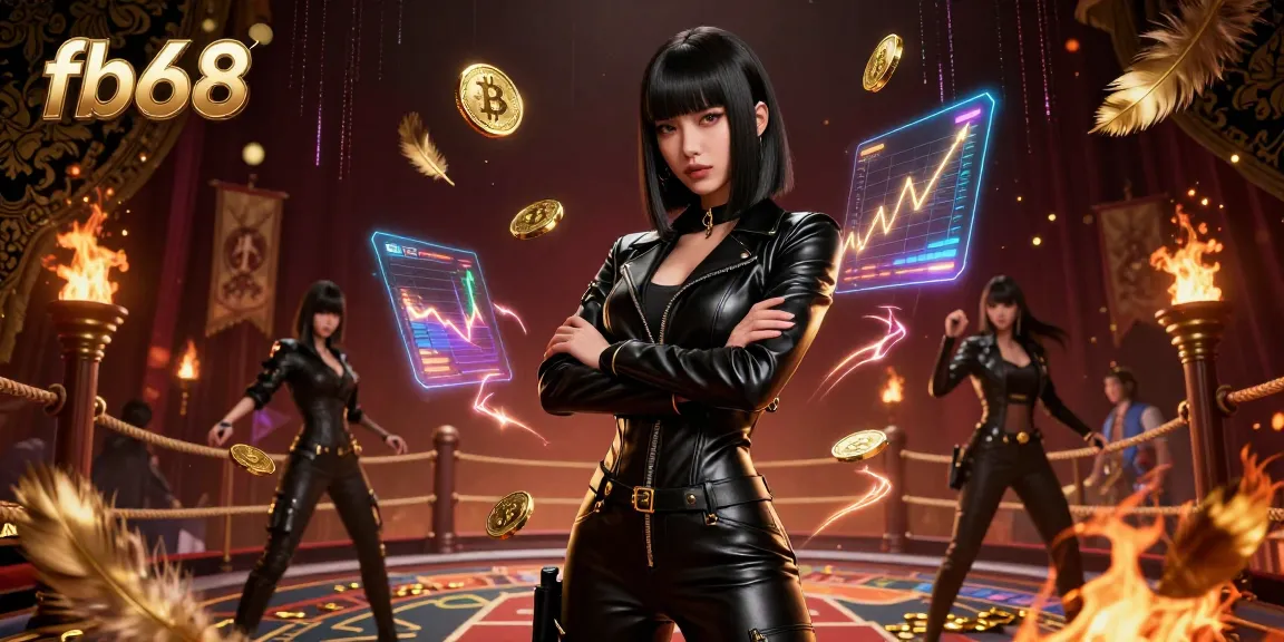 Spin to win with fb68 in a vibrant casino scene filled with Bitcoin coins and game elements.
