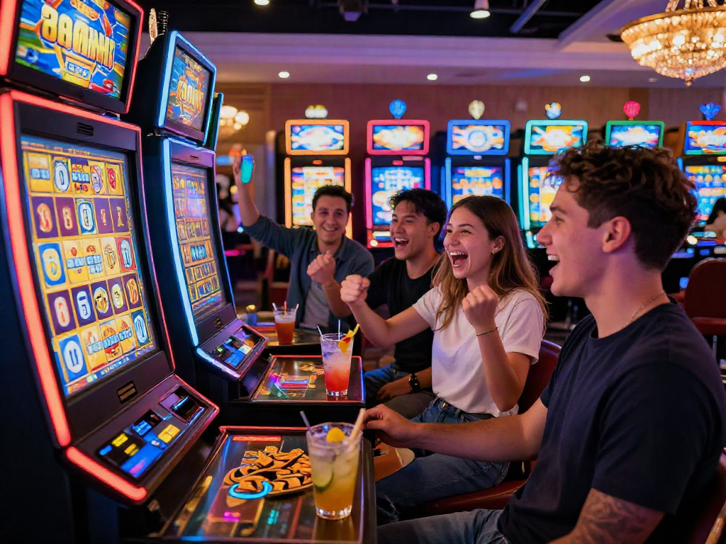 Exciting scene of players engaging with toto slot machines in a vibrant casino.