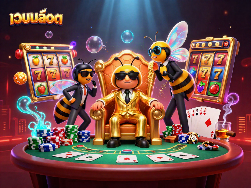 Spin lucky เว็บสล็อต reels with buzzing characters in a vibrant casino setting.