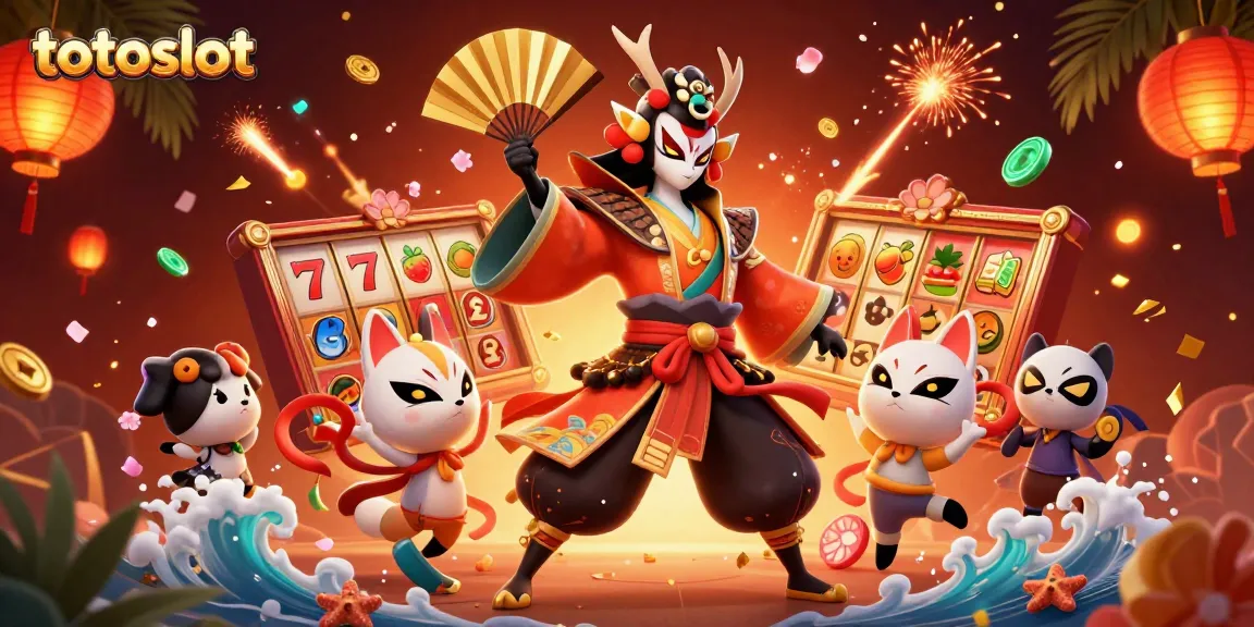 Experience exciting winnings with totoslot at a vibrant casino scene featuring a dynamic kabuki crane warrior.