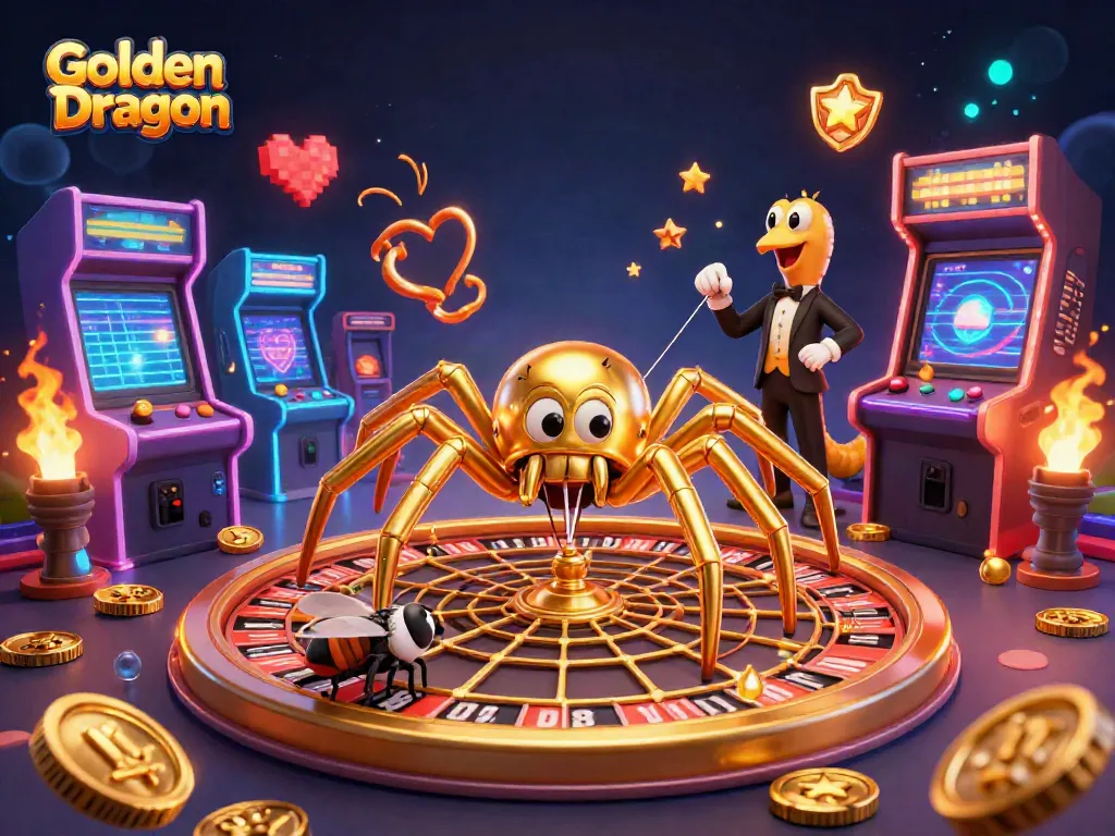 สล็อต Golden Dragon พร้อมการ์ตูนแมงมุมทองที่หมุนวงล้อรูเล็ตและผู้เล่นที่วางเดิมพัน