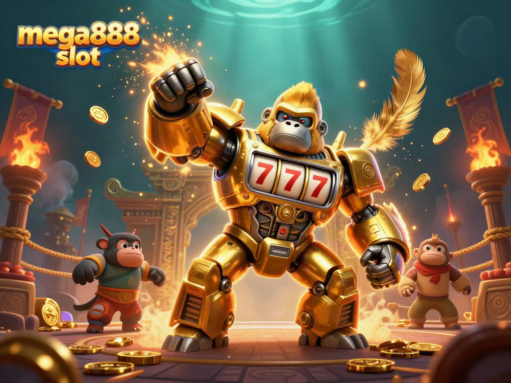 Experience the thrill of mega888 slot with an epic 3D illustration of a golden mech and coins!