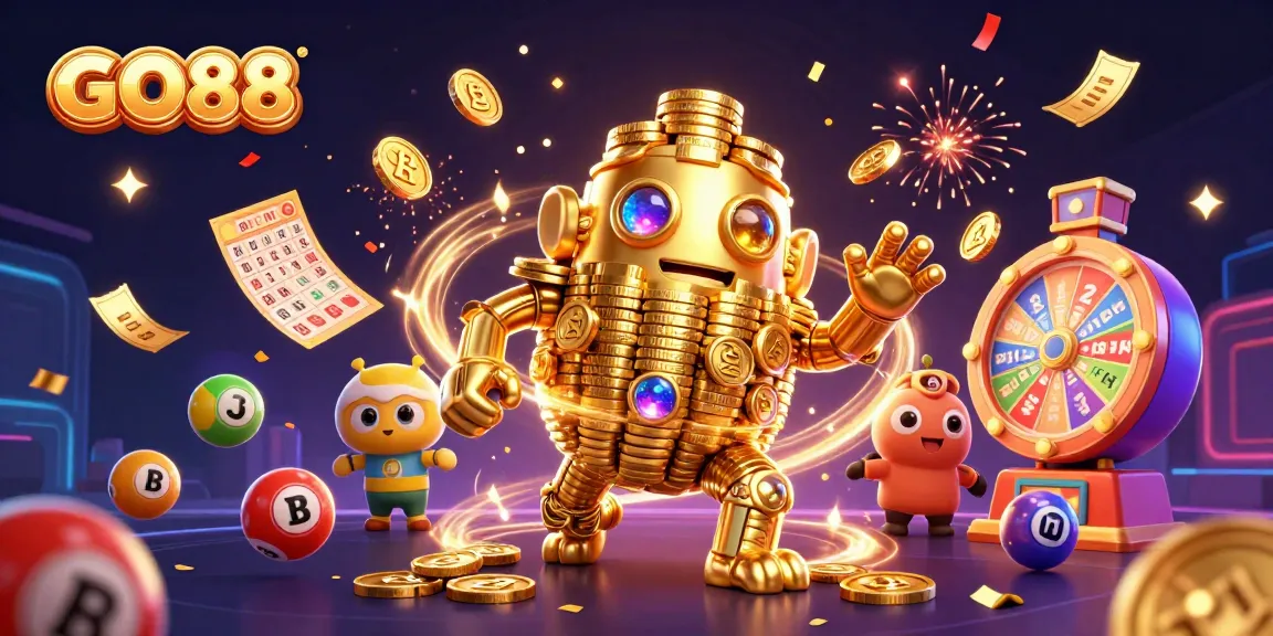 Engage with exciting gaming at GO88, featuring a dynamic scene with golden golem and lottery elements.