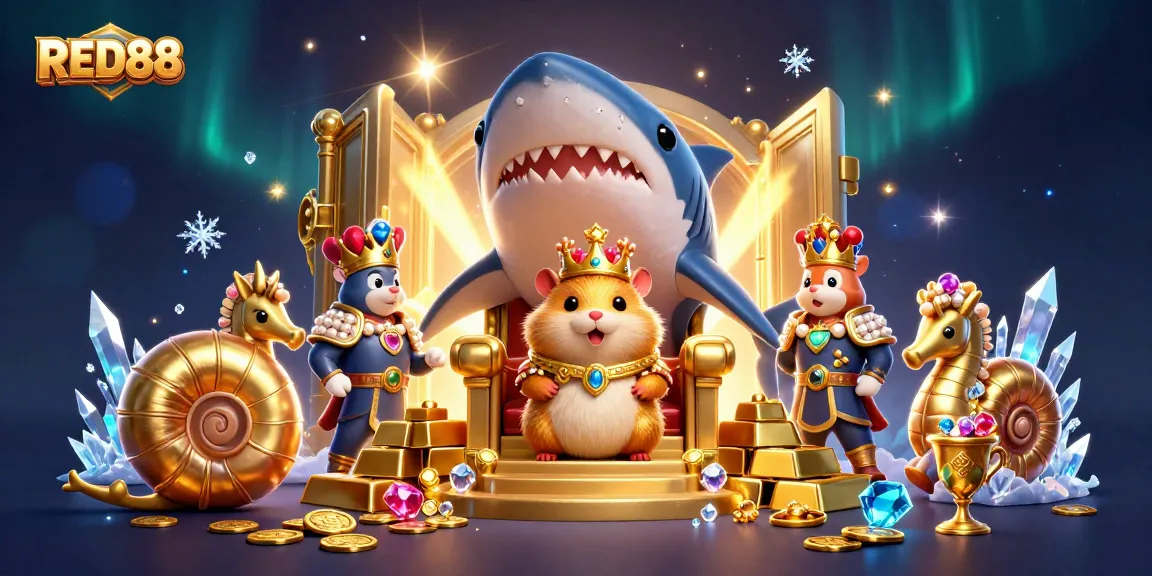 Spin to win at RED88 casino with a vibrant throne for the golden hamster king and treasure galore
