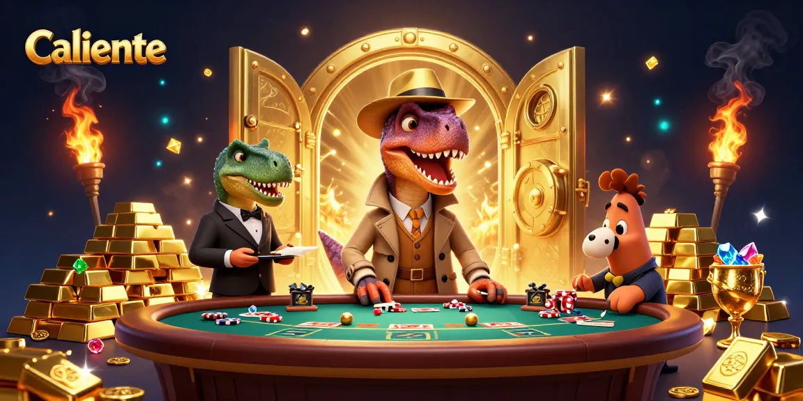 Caliente gaming scene with a velociraptor card counter, showcasing blackjack action and treasure.