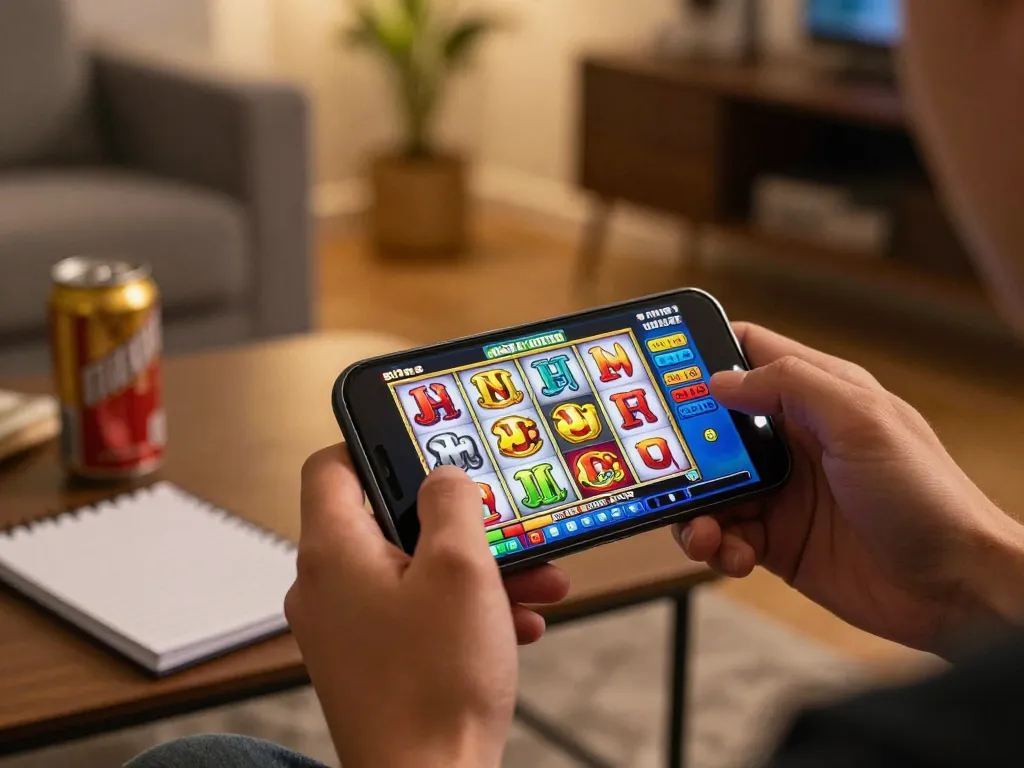 Engage in thrilling online slots gaming with SlotsGG on a smartphone, showcasing vibrant reels and a cozy atmosphere.