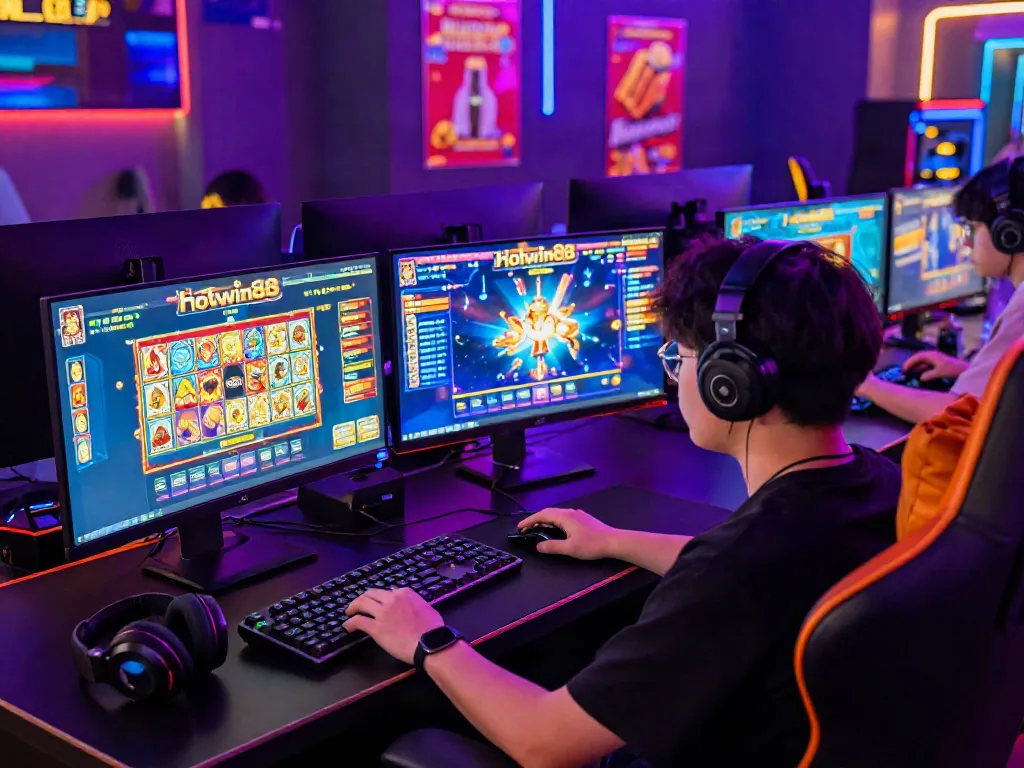 Player immersed in hotwin88 online gaming session, showcasing dynamic slots and vibrant graphics.