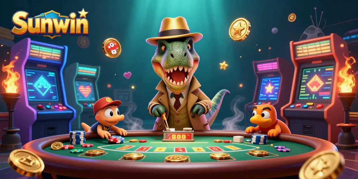 Engage with Sunwin's vibrant casino world featuring a cartoon velociraptor and colorful gaming elements.
