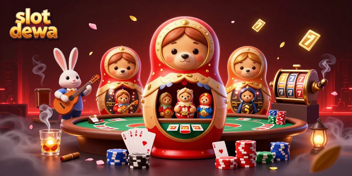Menangkan jackpot dengan slot dewa yang dikelilingi karakter kasino dan elemen permainan yang menakjubkan.