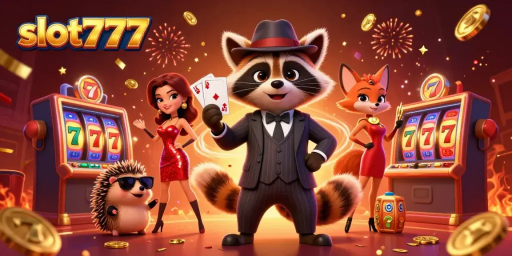 Merayakan keberuntungan slot777 dengan karakter kartun 3D di kasino yang meriah.