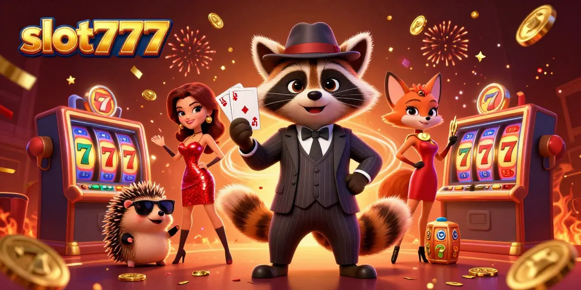 Merayakan keberuntungan slot777 dengan karakter kartun 3D di kasino yang meriah.