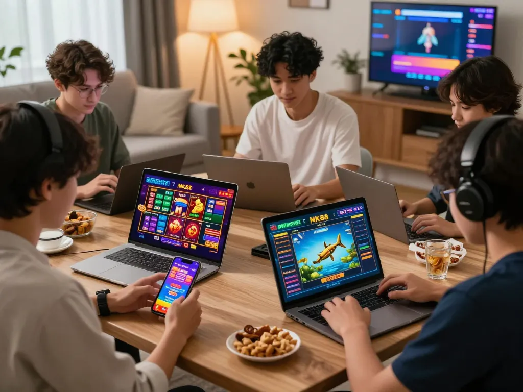 Young gamers enjoying the NK88 betting platform in a vibrant, tech-savvy home setting, showcasing live casino and sports gaming.