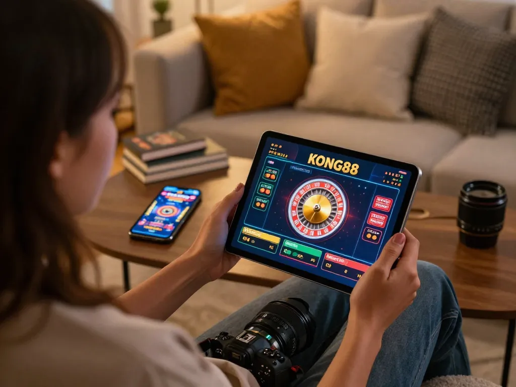 KONG88 online player engaging with exciting roulette on tablet in cozy living room setting.
