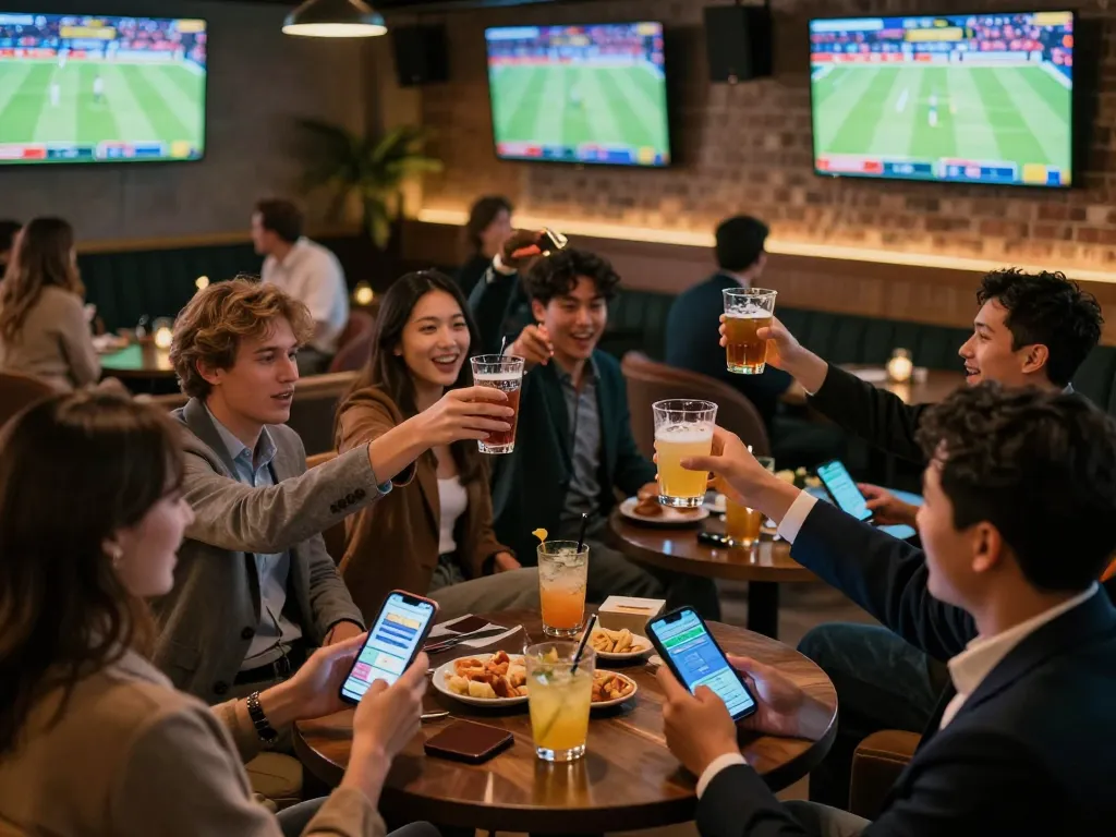 Excited patrons engaging in sports betting at a modern lounge using Fun88 com for live bets
