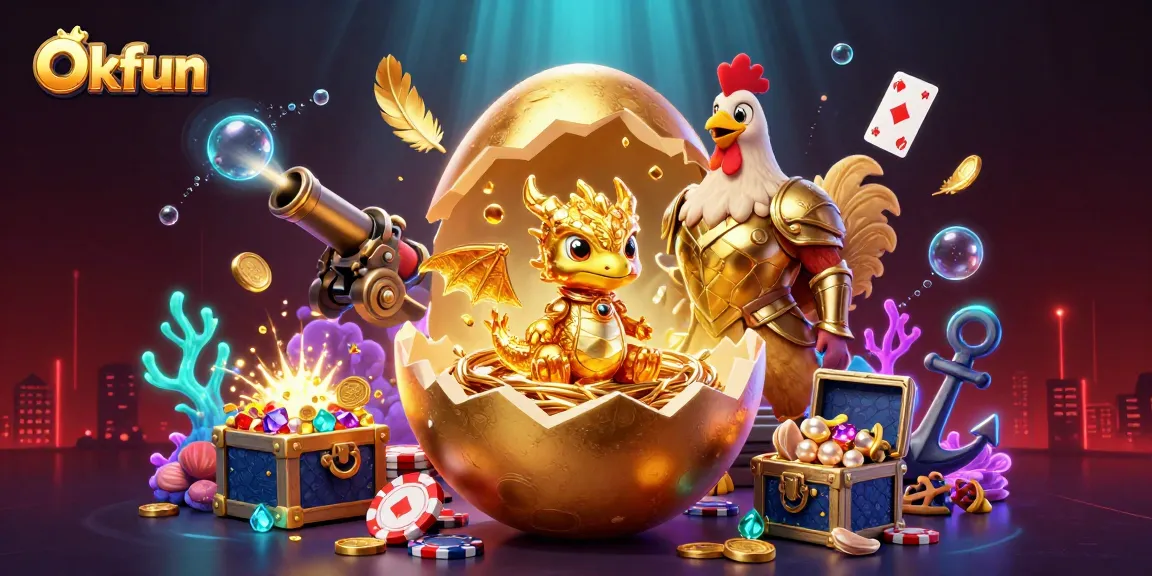 Experience the excitement at Okfun with a dynamic 3D illustration featuring a golden dragon and poker chips, enhancing the casino atmosphere.