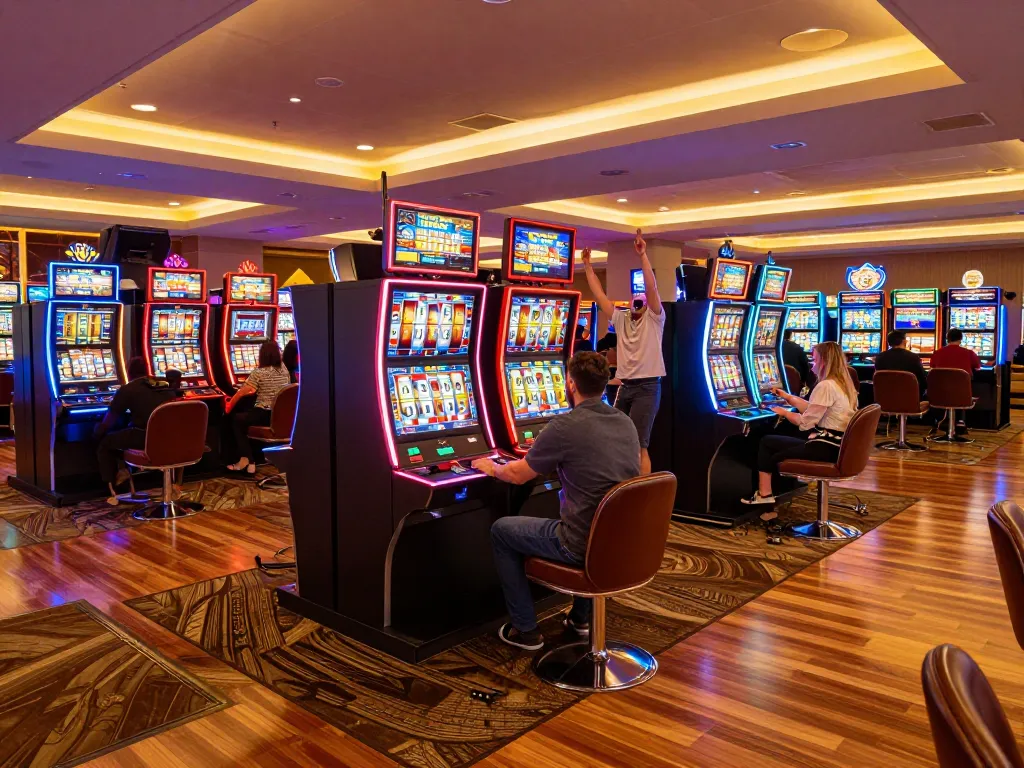 Engage in thrilling ดูหนัง experiences at vibrant slot machines with players celebrating wins.