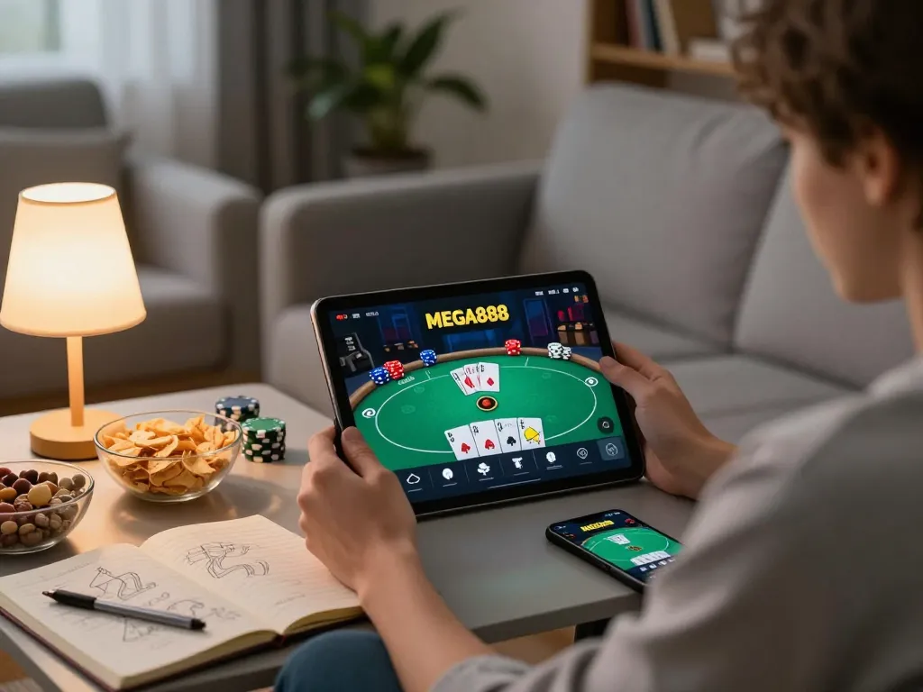 Player enjoying MEGA888 on a tablet while analyzing betting strategies in a cozy living room.