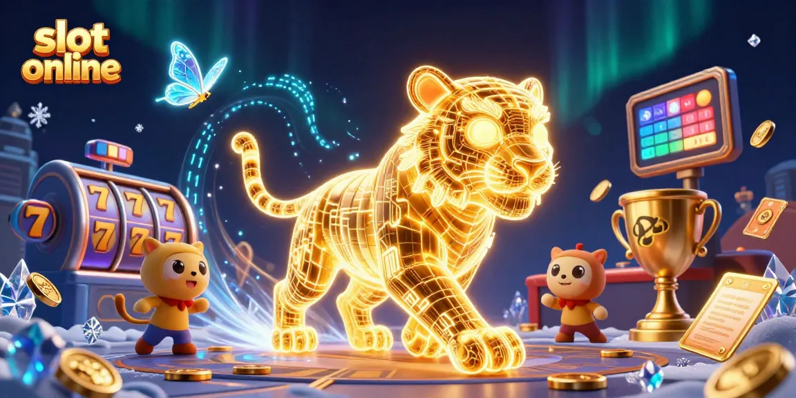 Putar slot online seru dengan reel dan simbol jackpot dalam suasana kasino digital yang megah.
